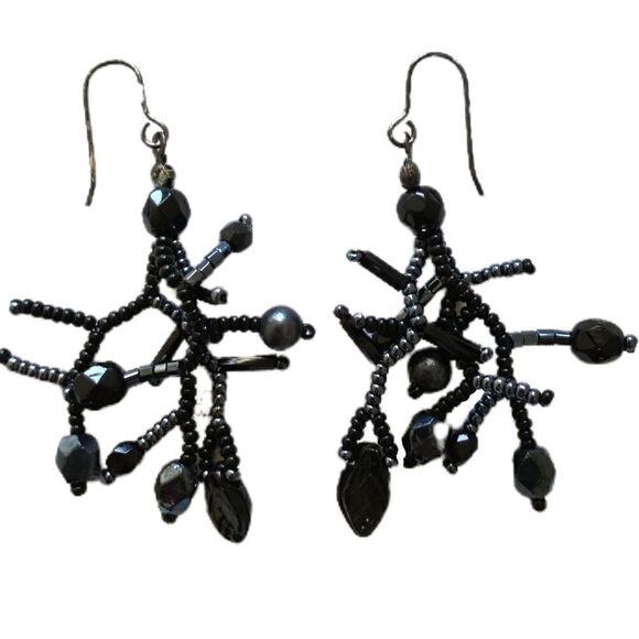 Faux Coral Bead Earrings Dangle Black Iridescent Bohemian Beach Nautical Beaded - Picture 3 of 16